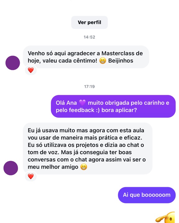 Aluna: venho agradecer a masterclass, valeu cada cêntimo